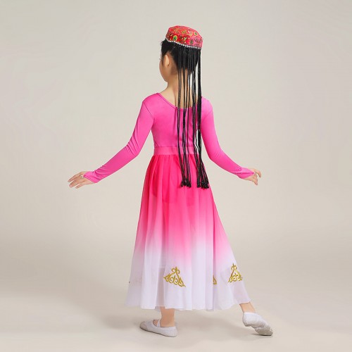 Pink gradient Xinjiang Dance Dresses for kids girls Uyghur dance costumes for children Xinjiang dance costumes children ethnic clothing Practice clothes